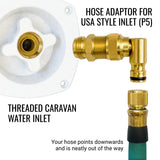 Flat Out Brass Hose Adaptor for “USA style” RV water inlet | downward with swivel